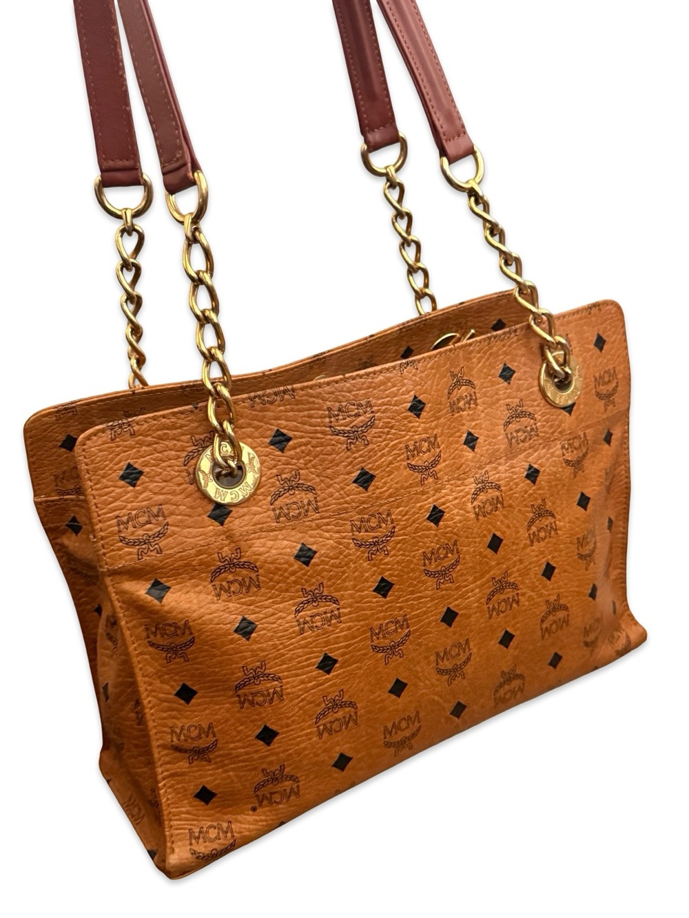 MCM Visetos Cognac Shoulder Bag Gold Chain Strap Medium Tote - Picture 17 of 17
